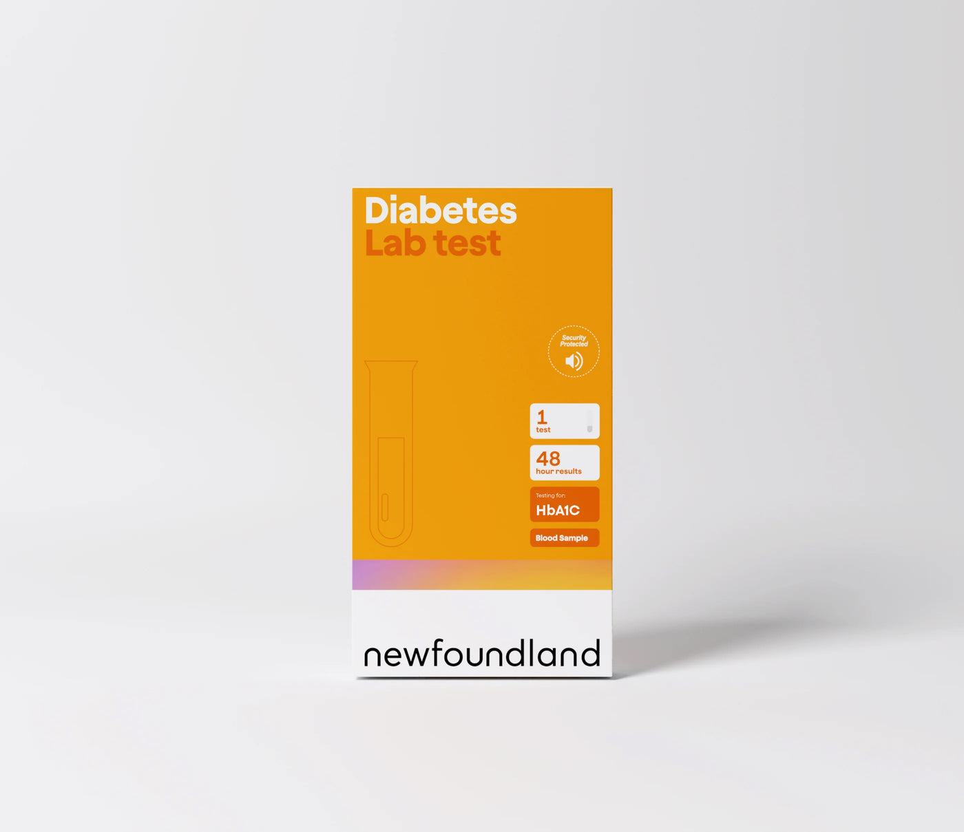 Diabetes lab test kit packaging with 'newfoundland' branding on a white background