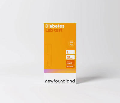 Diabetes lab test kit packaging with 'newfoundland' branding on a white background