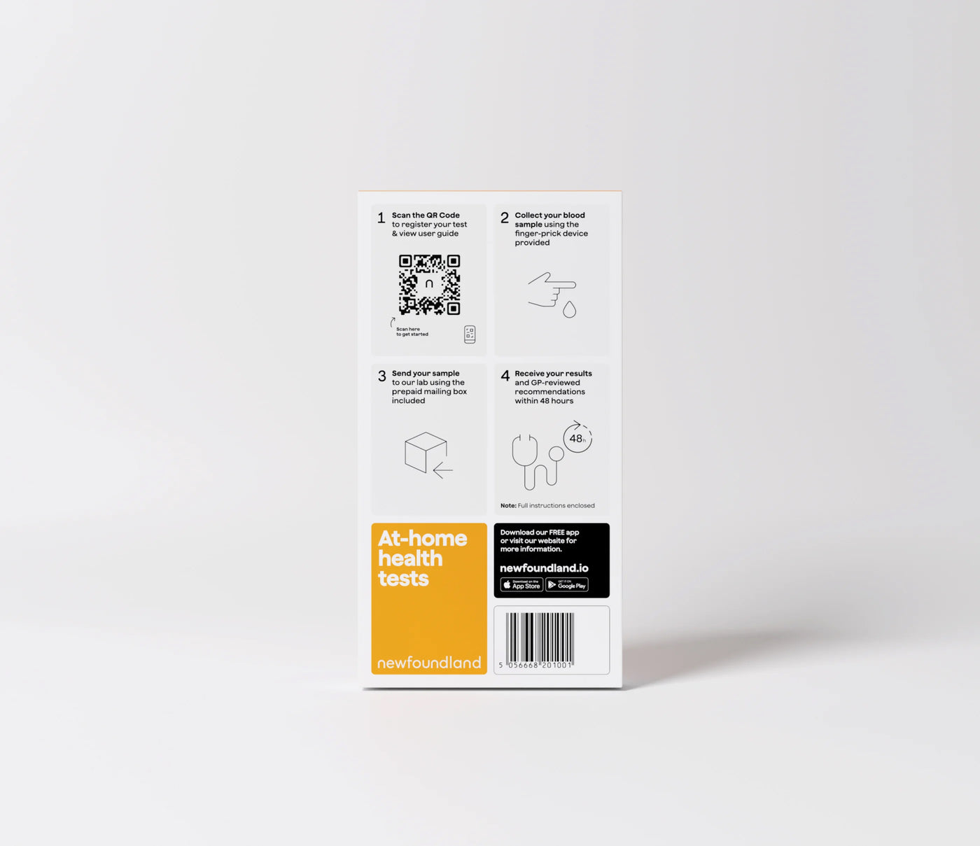 At-home health tests packaging with instructions and branding on a white background