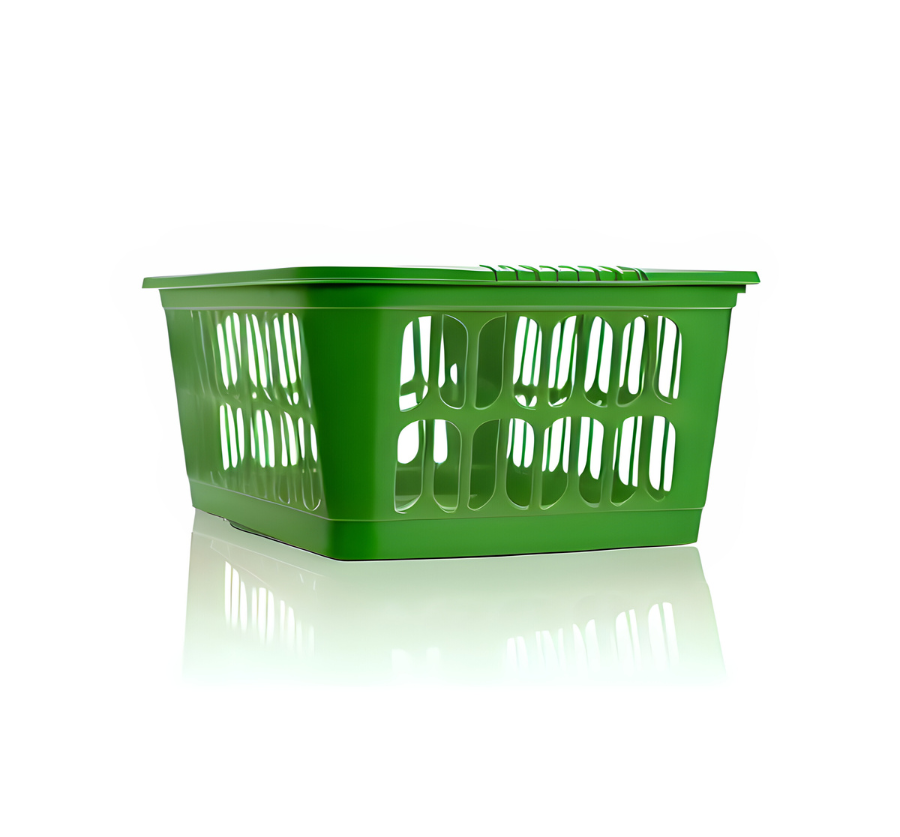 Green plastic basket on a white background