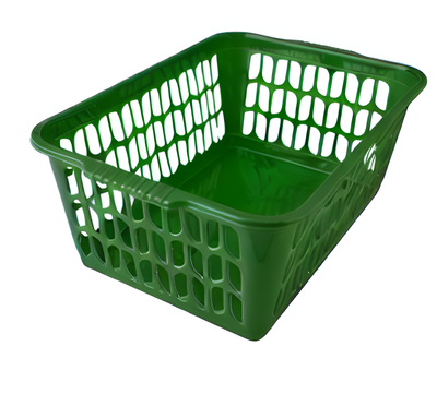 Green plastic basket on a white background