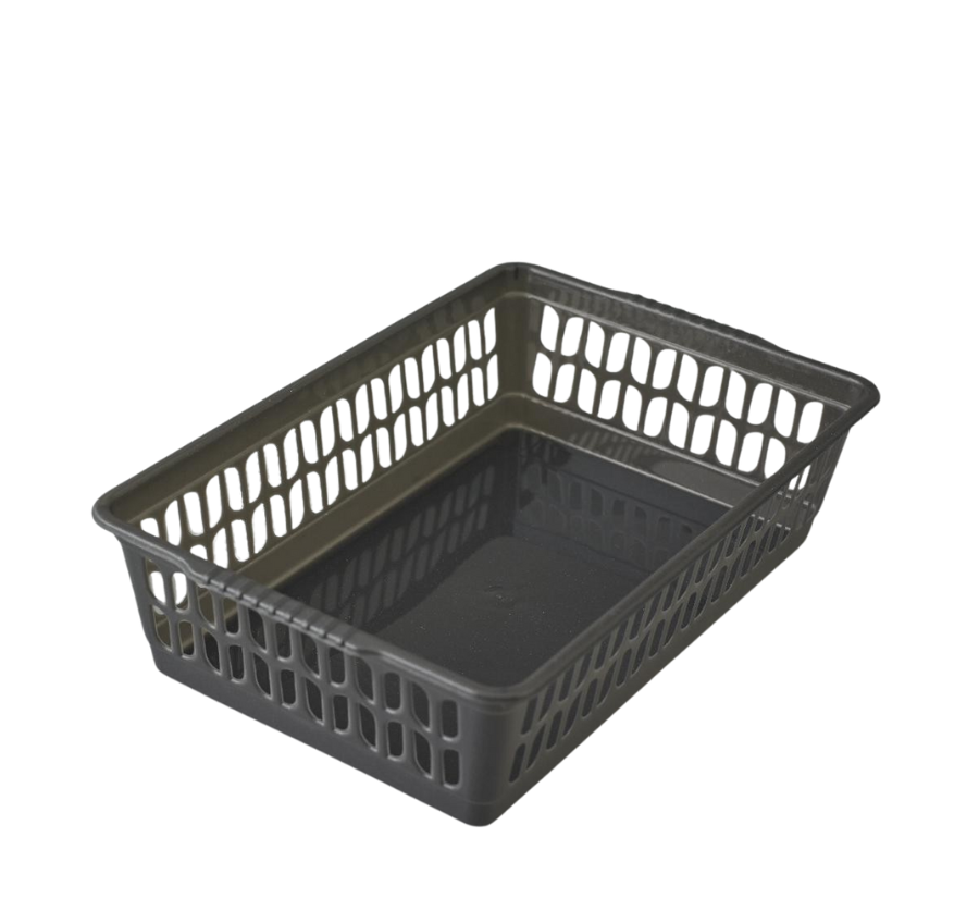Grey plastic basket on a white background