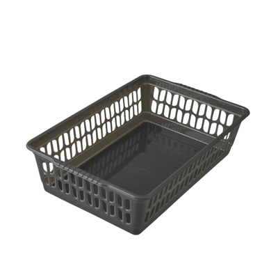 Grey plastic basket on a white background
