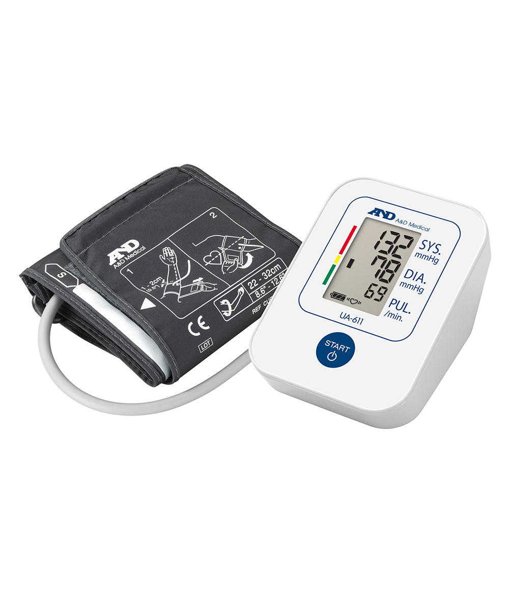 A&D brand upper arm blood pressure monitor with a black cuff and a digital display showing systolic and diastolic pressures, and pulse rate.