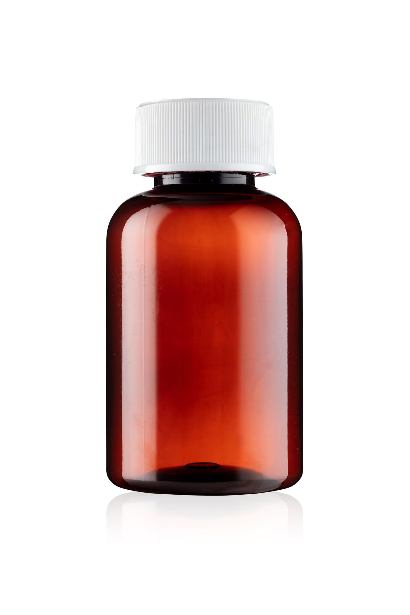 Amber glass bottle with a white cap on a white background