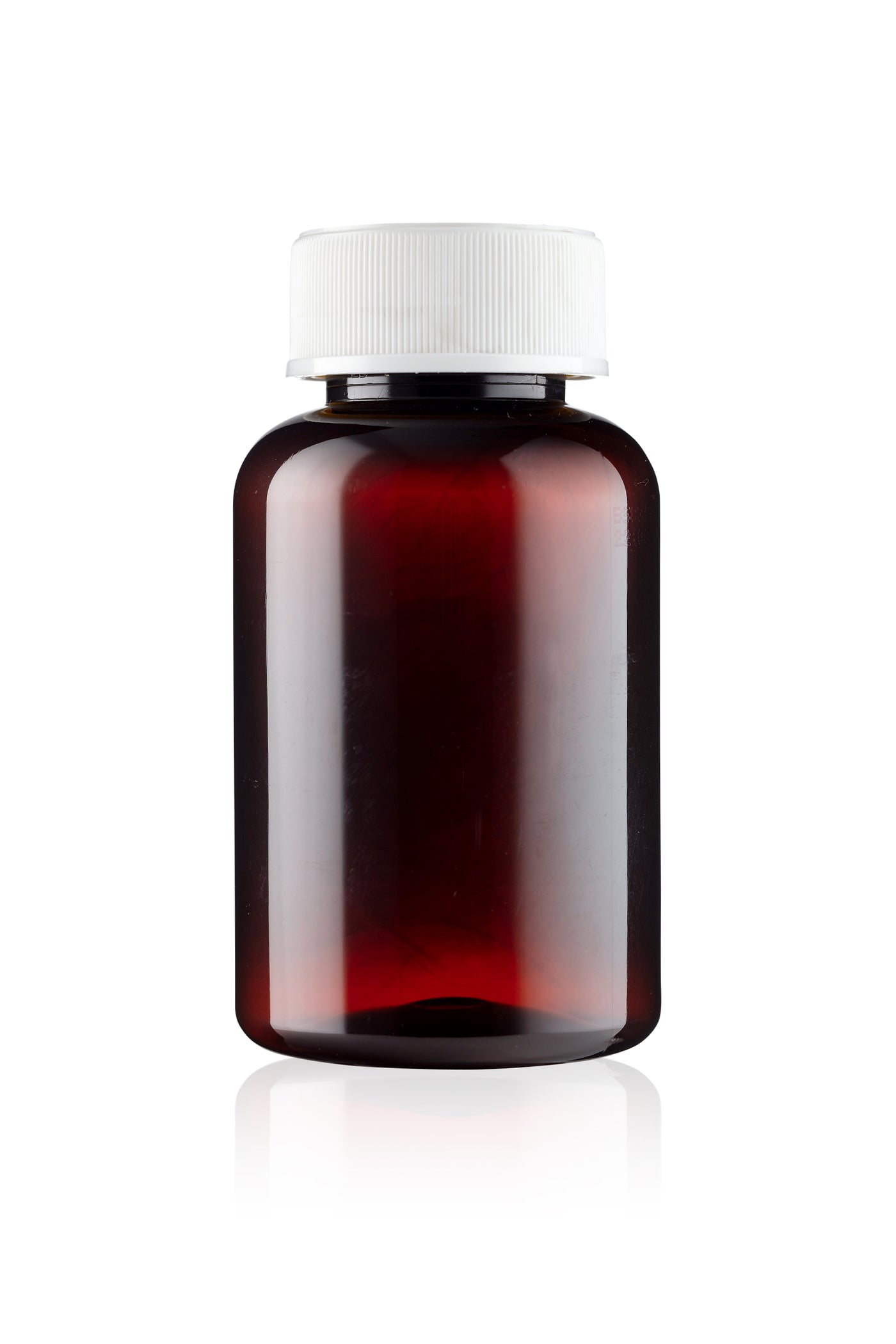 Brown glass bottle with a white cap on a white background