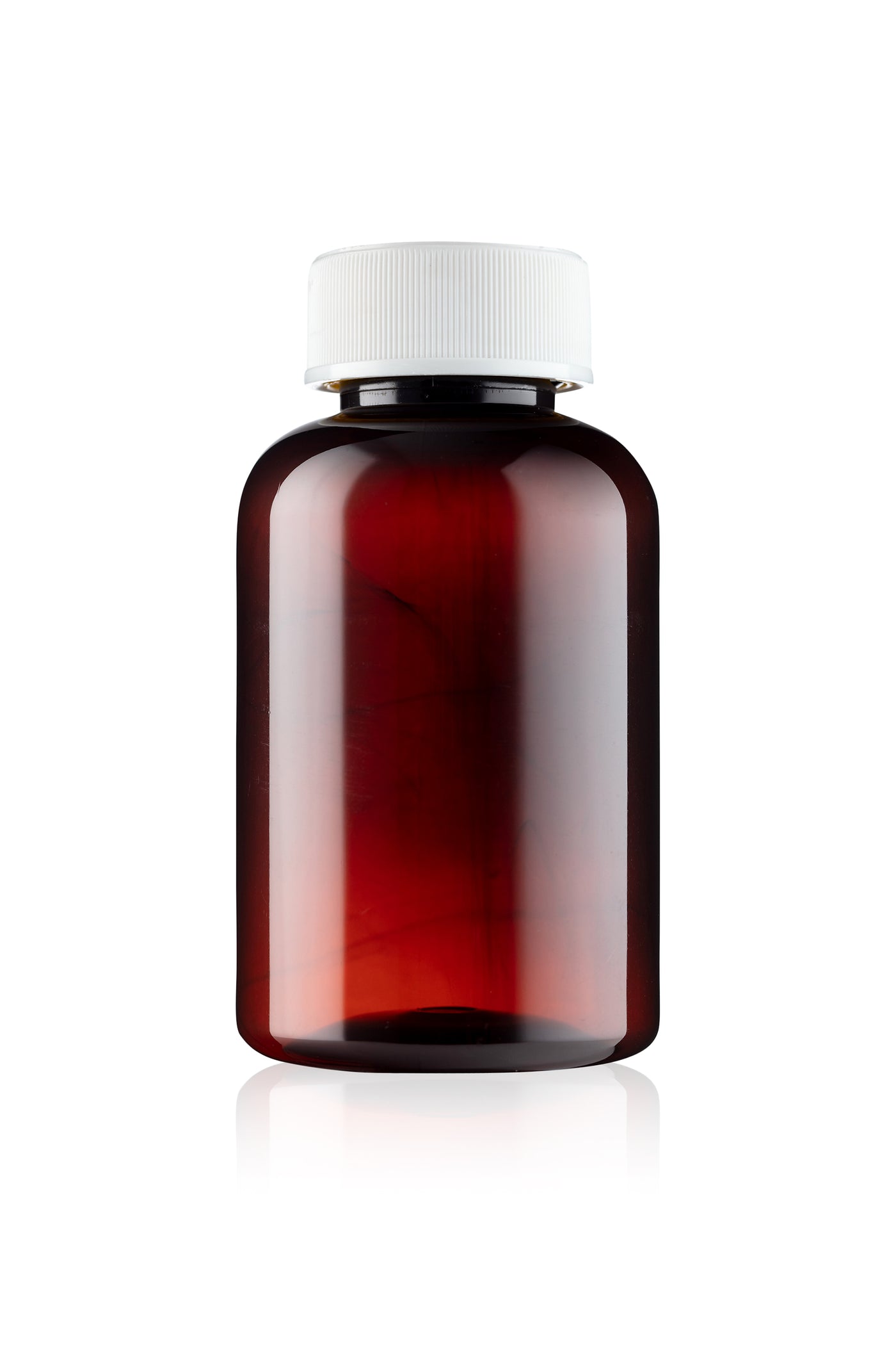 Brown glass bottle with a white cap on a white background