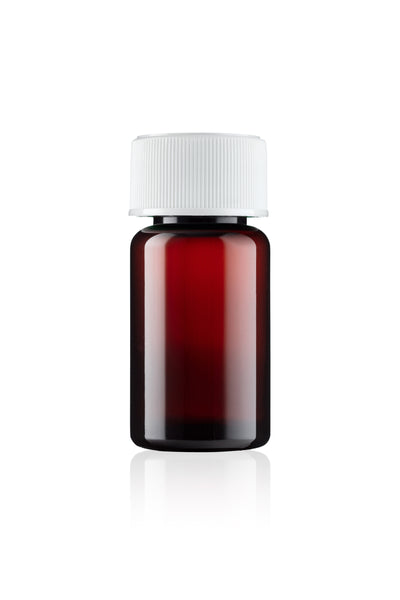 Brown glass bottle with a white cap on a white background