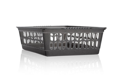 Grey plastic basket on a white background