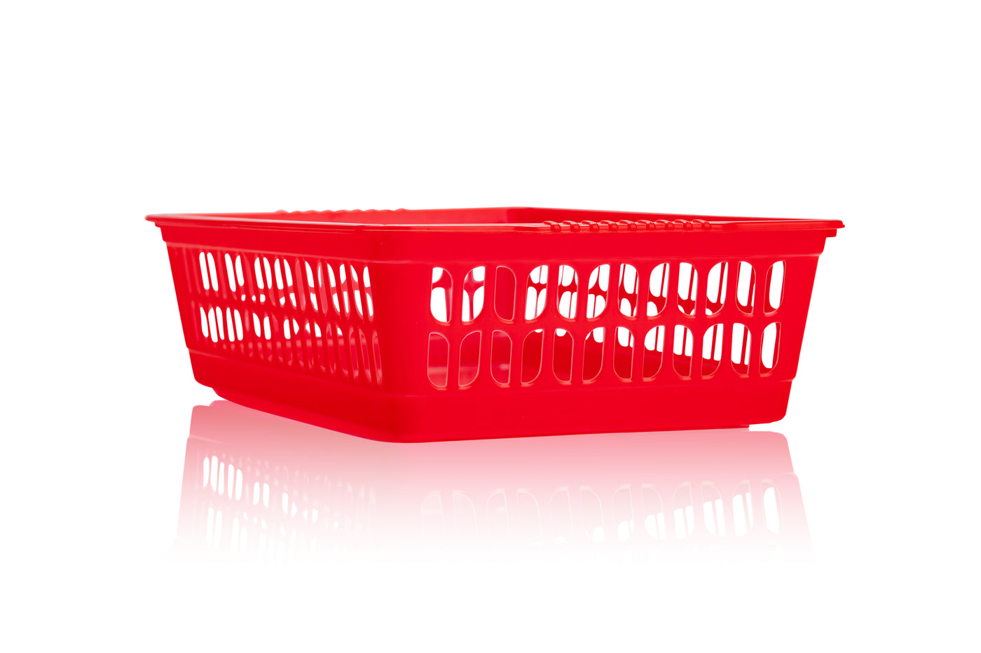 Red plastic basket on a white background